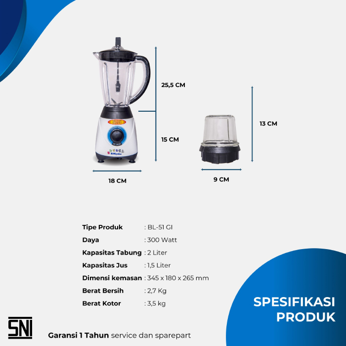 Miyako Blender Gelas 1.5 liter 2in1 - BL51GI | BL-51 GI